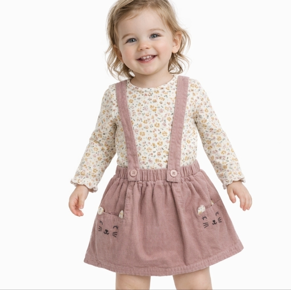 Carter’s Baby Girl 2-Piece Floral Top & Pink Corduroy Jumper Set - Size 12M - Picture 2 of 3